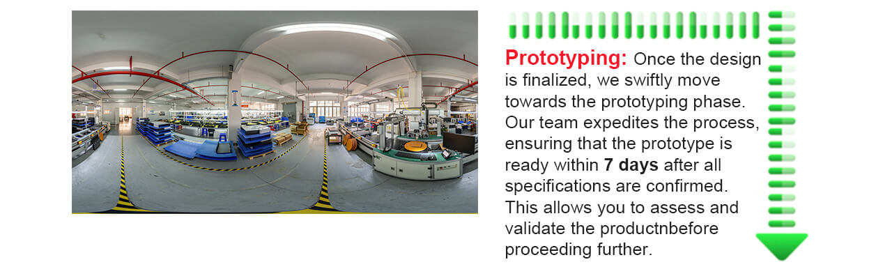 Prototyping: Once the design is finalized, we swiftly move towards the prototyping phase. Our team expedites the process, ensuring that the prototype is ready within 7 days after all specifications are confirmed. This allows you to assess and validate the product before proceeding further.